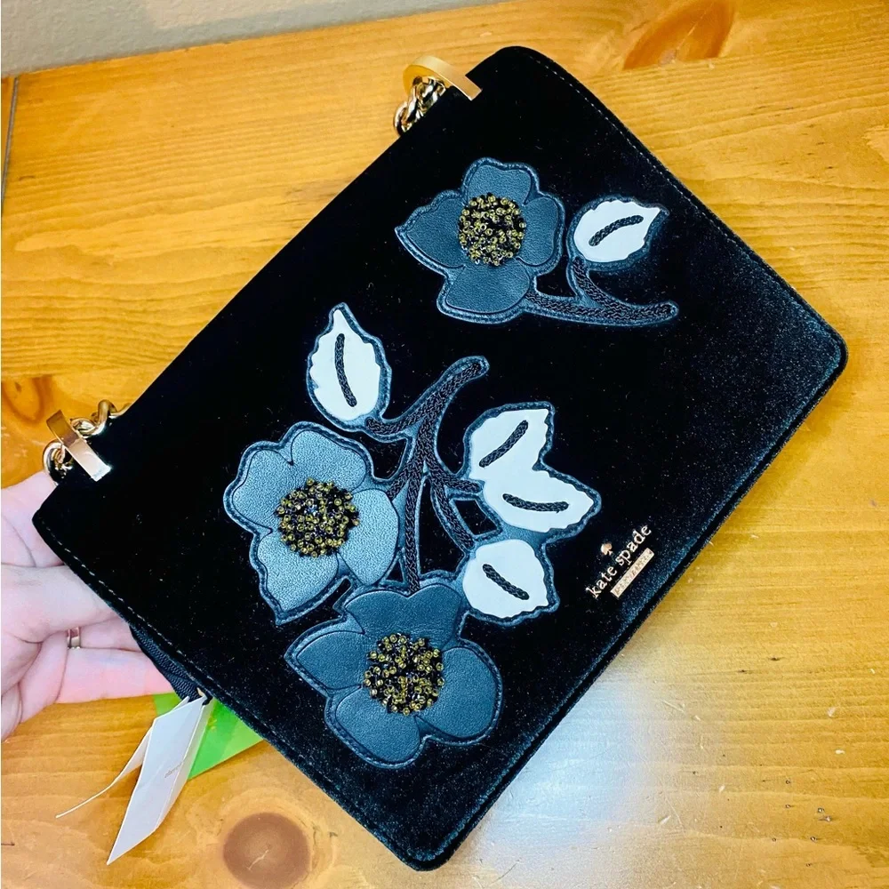 NEW! Kate Spade Cameron St Floral Embellish Marci Black Velvet Bag